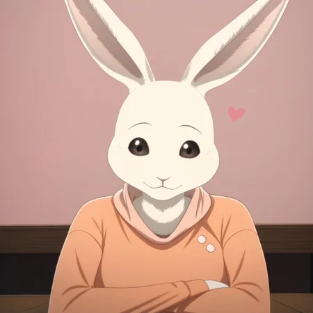 score_9, score_8_up, score_7_up, Expressiveh, masterpiece, best quality, highly detailed, realistic,  1girl, solo, (HaruS3, furry, anthro, lagomorph, female rabbit, pink inner ear, black eyebrows, thin eyebrows, brown sclera, black eyes, glistening eyes, white body, white fur, clothed, orange shirt, orange topwear), front view, looking at viewer, bedroom eyes, closed mouth, smile, (table, sitting, arms crossed, pink background, hearts, simple background), (ultra realistic, 32k, masterpiece:1.2), (high detailed skin:1.1), (high quality:1.1), bokeh, luminescent background