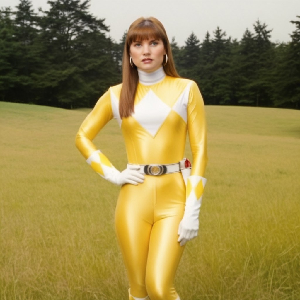 female yellow power ranger Ellie, 1girl, alone, 18-year-old caucasian woman, centre-parting voluminous straight shoulder-length with bangs haircut, fair-skinned, fringe, auburn hair, blue eyes, helmetless, wearing yellow power ranger costume, yellow spandex catsuit, white collar, white gloves, large chunky steel hoop earrings, talking, concerned facial expression, standing square-on, both arms down by sides, legs together, full body photo, in action in grassy meadow, hyperdetailed photography