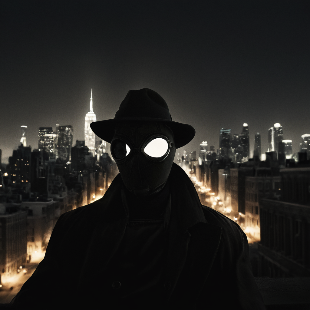 cinematic film still of  <lora:Spider-Man Noir:1>
Spider-Man Noir a man in a helmet is on a ledge above a city in Marvel Noir universe,solo,1boy,male focus,signature,mask,night,city,gas mask , dark theme, cinematic noir, dramatic Light, lens flare, shallow depth of field, vignette, highly detailed, high budget, bokeh, cinemascope, moody, epic, gorgeous, film grain, grainy
