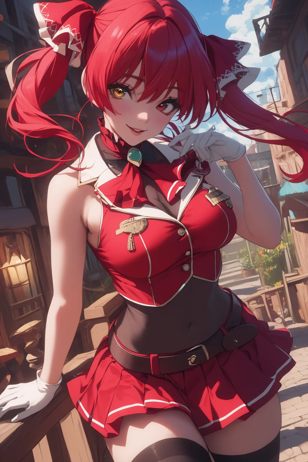 score_9, score_8_up, score_7_up, BREAK source_anime, <lora:Houshou Marine-PonyXL-lora-Faxtron:0.8> houshou marine, heterochromia, red eyes, yellow eyes, red hair, twintails, medium breasts, red ribbon, red top, sleeveless, black thighhighs, red skirt, belt, covered navel, white gloves,