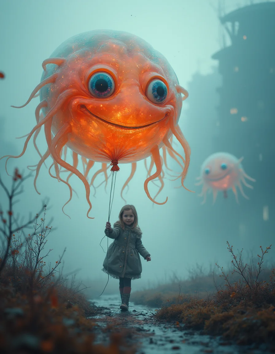 Masterpiece, maximum detail, small details. Ultra-realistic photography:
A beautifully composed surreal image of a happy very young girl walking through a misty, dreamlike, vividly colored landscape. She holds an cute inflatable balloon, but upon closer inspection, the "balloon" is a strange living creature with a gelatinous, semi-transparent body that glows in multicolored hues. The mass has beautiful, small, curious eyes and tendrils that sway gently in the air as if defying gravity. The scene is bathed in soft, ethereal light, with distant, otherworldly shapes in the background hinting at a strange, colorful and fantastical realm. The girl's expression is one of happiness and calm, as if she is completely at ease with the surreal nature of her companion.