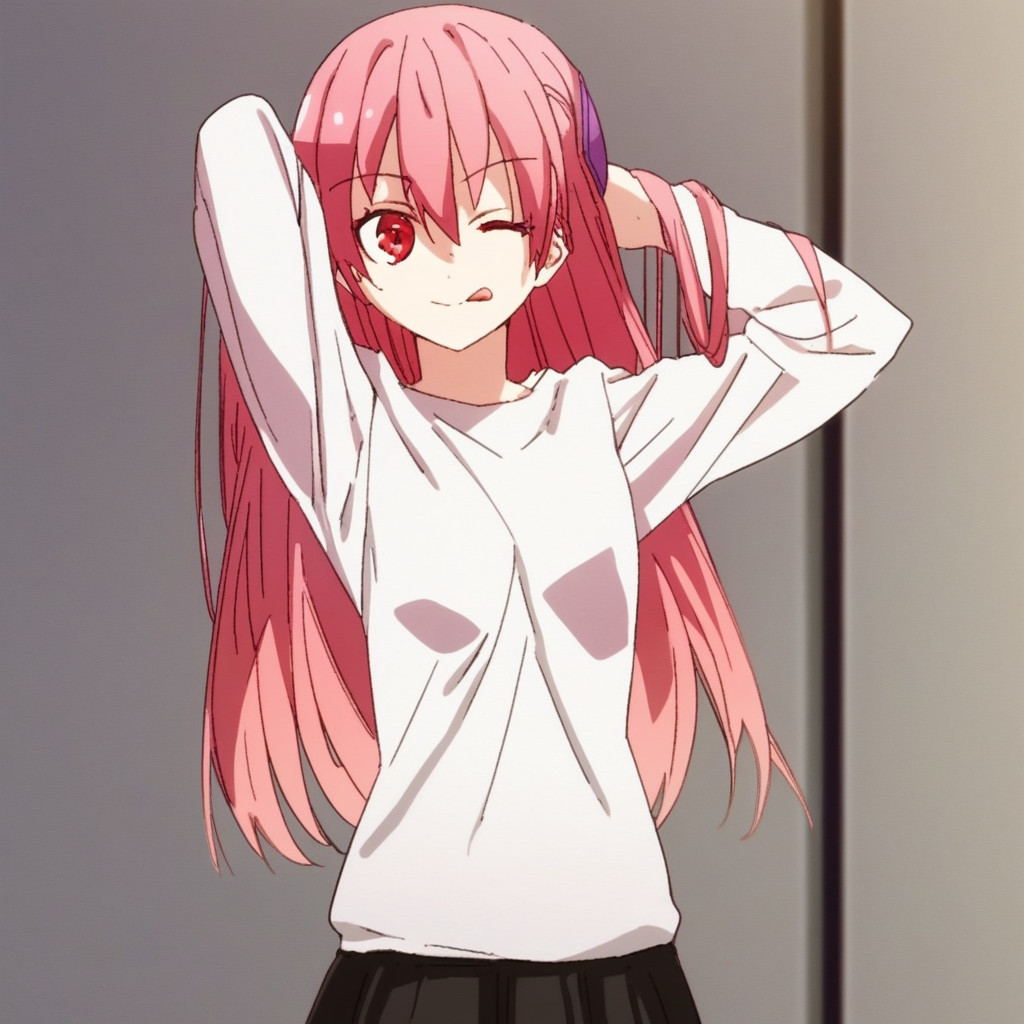 score_9, solo, tsukasa_tk, 1girl, long hair, pink hair, hair ornament, red eyes, shirt, skirt, arms behind head, looking at viewer, one eye closed, tongue