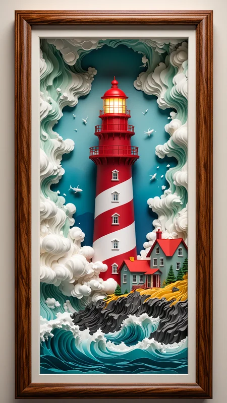 (3d Framed, seascape) Lighthouse, colorful volumetric mad-marbled-paper fog, Vaporizer, Enhanced 3D Metrics, Depth pad 10,