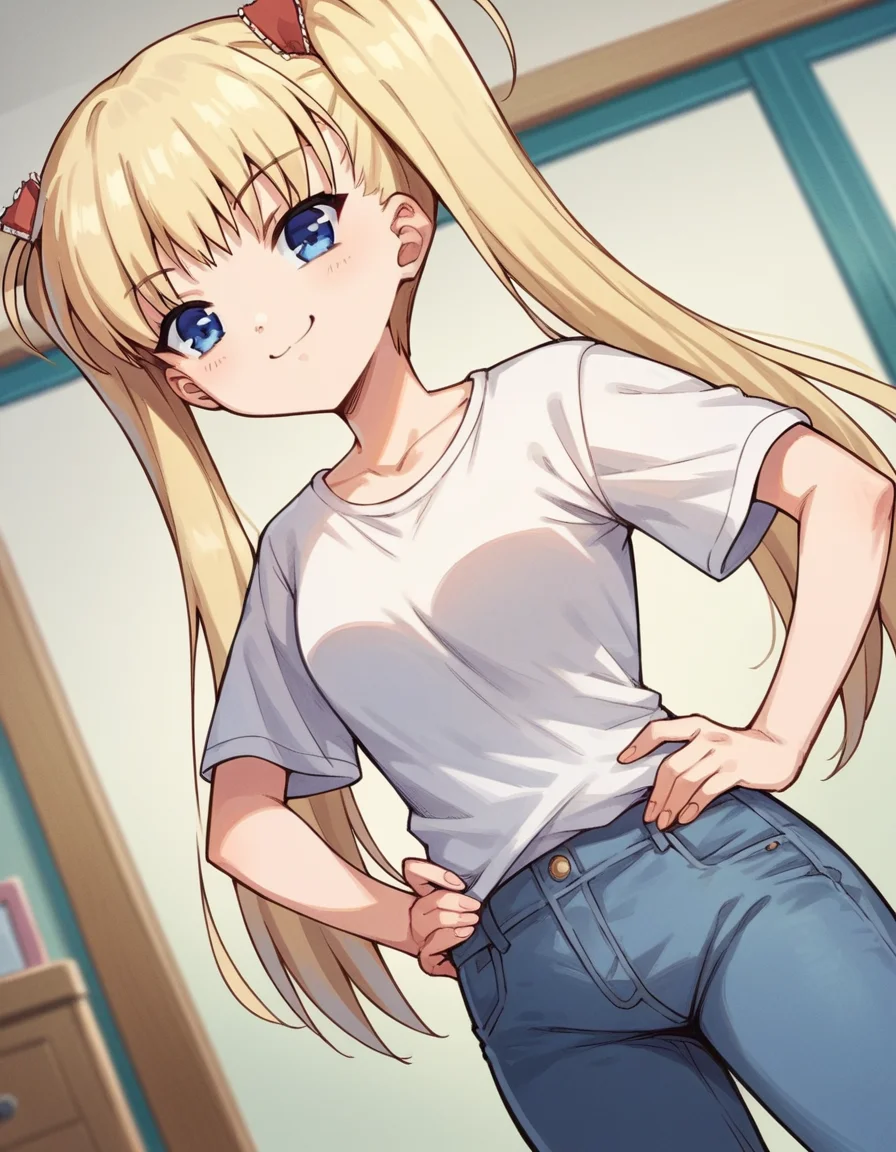score_9, score_8_up, score_7_up, source_anime, <lora:airi-akizuki-ponyxl-lora-nochekaiser:1>, airi akizuki, long hair, blue eyes, blonde hair, twintails,, shirt, white shirt, pants, denim,, indoors, smug, smile, looking at viewer, solo, hands on hips,, cowboy shot, dutch angle