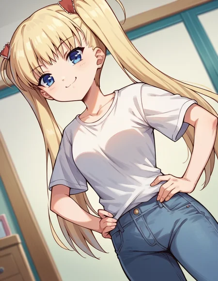 score_9, score_8_up, score_7_up, source_anime, <lora:airi-akizuki-ponyxl-lora-nochekaiser:1>, airi akizuki, long hair, blue eyes, blonde hair, twintails,, shirt, white shirt, pants, denim,, indoors, smug, smile, looking at viewer, solo, hands on hips,, cowboy shot, dutch angle