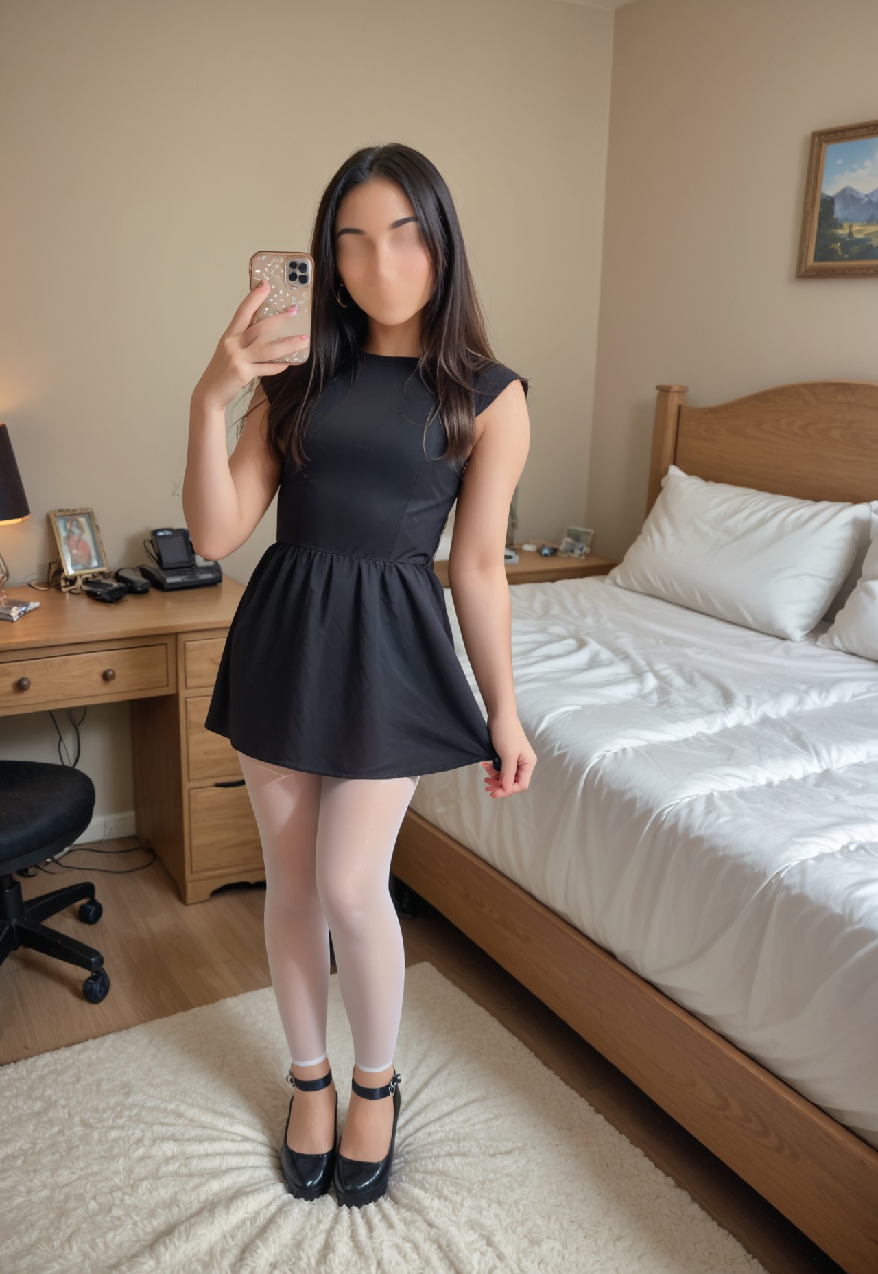 faceless, faceless woman, standing in a bedroom, bed in the background, desk and computer, pillows on the bed, selfie, mirror selfie, wearing a black dress, white tights, black flat shoes, ankle strap, posing
