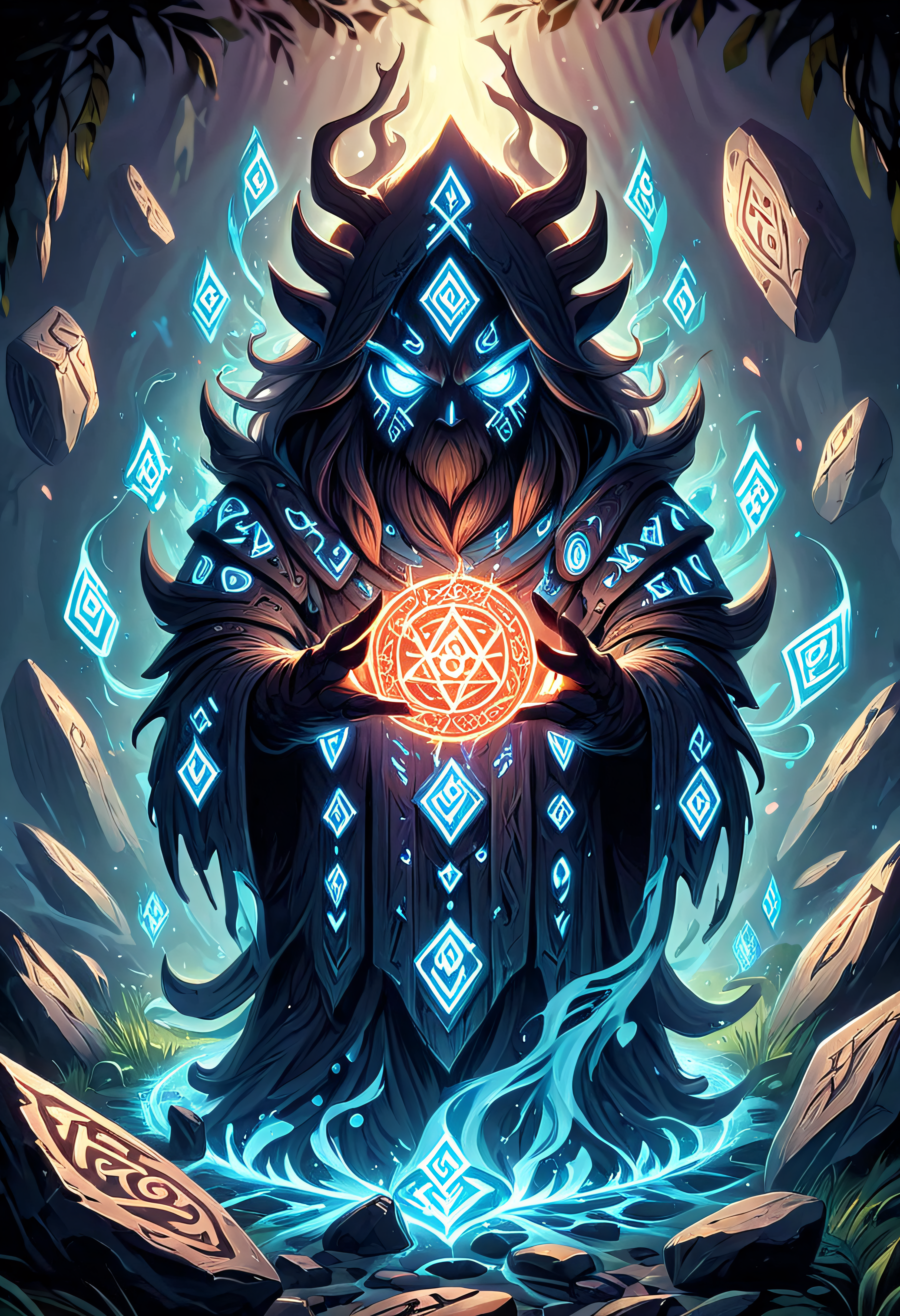 Glowing Runes, stone elemental with glowing runes,