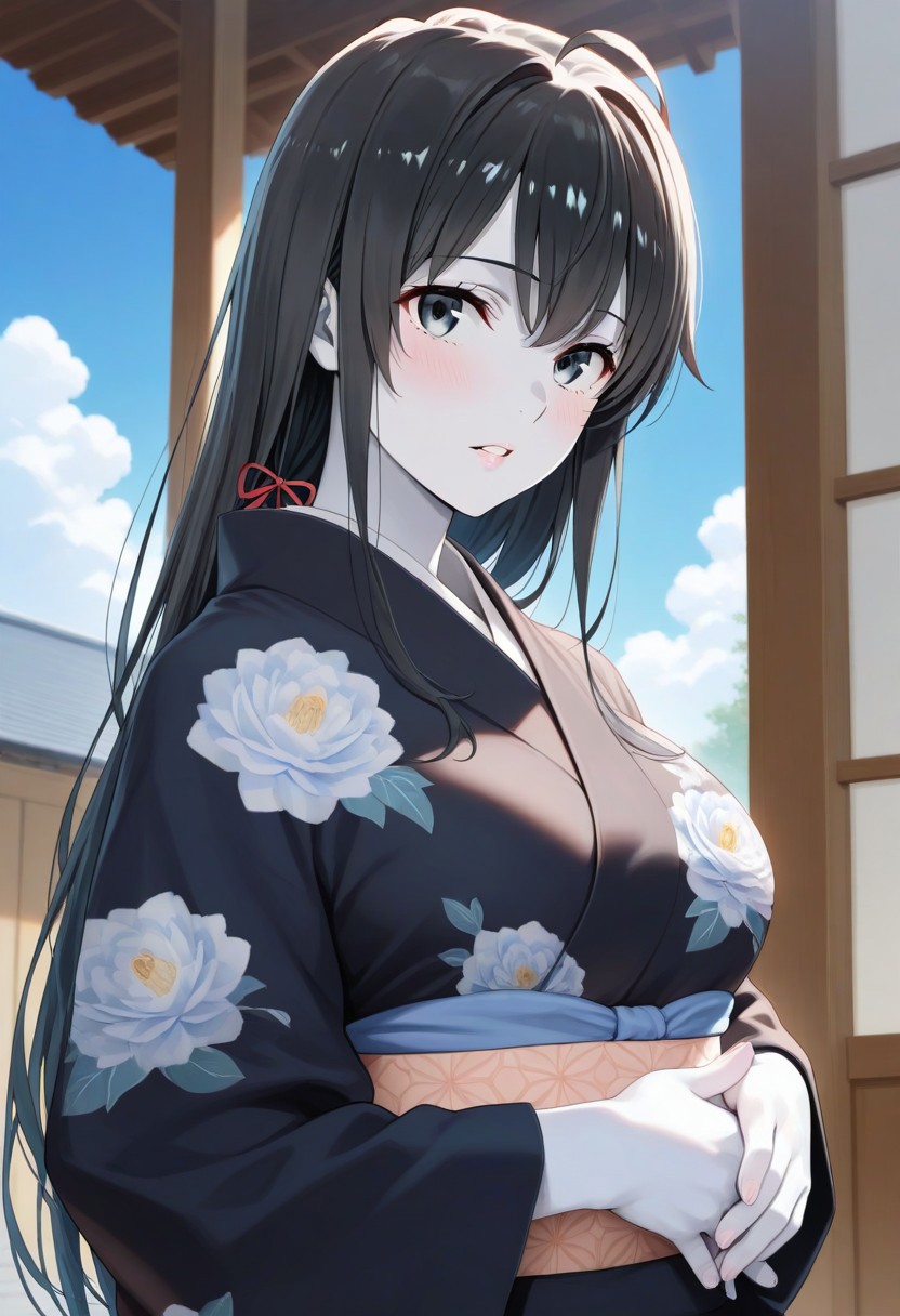 Mother Yukinoshita-Yahari Ore no Seishun Love Comedy wa Machigatteiru
1girl, sky, black hair, long hair, masterpiece, black eyes, colored skin, (white skin:1.3), Yuki-Onna parted lips, looking at viewer, black kimono, floral print, outdoors, hands held together on stomach, cloud, volumetric lighting, blue sky, portrait, upper body,