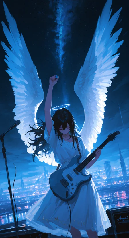masterpiece, best quality, good quality, very aesthetic, absurdres, newest, 1girl, solo, long hair, black hair, dress, holding, braid, wings, sky, white dress, arm up, night, star \(sky\), feathered wings, instrument, microphone, starry sky, angel wings, white wings, music, angel, guitar, holding instrument, electric guitar, facing down, holding plectrum,
Messy hair, crazy hair, Low Angle,Dutch Angle,
The overall scene should have a bright and colorful atmosphere, with the main tone being light blue.
City Lights Lighting, <lora:spo_sdxl_10ep_4k-data_lora_webui:0.6> <lora:ponyv5_noobV065S_1_adamW-000013:0.7> <lora:USNR_STYLE_XL_lokr:0.5> <lora:EtherSDXL:0.15> <lora:748cmSDXL:0.35>