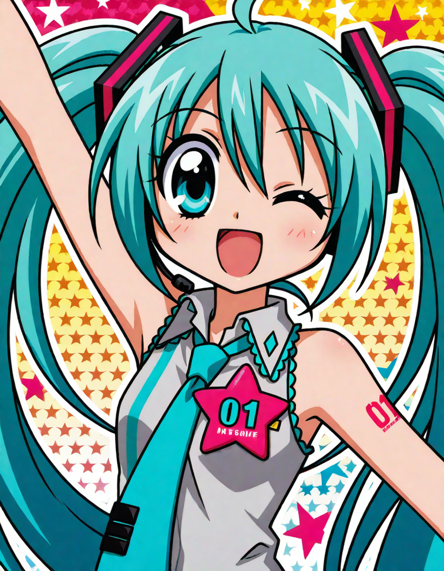 1girl,hatsune_miku,upper_body,arm up,smile,open_mouth,star background,multicolored background, wink,
<lora:ciao_style_came-000034:1> <lora:dmd2_sdxl_4step_lora_fp16:1>