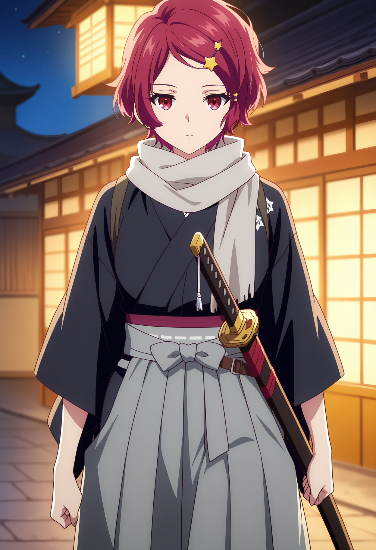 anime screencap, masterpiece, best quality,
<lora:MusaigenNoPhantomWorld_MinaseKoito_IlluXL:0.9>,
1girl, solo, closed mouth, expressionless, 
short hair, swept bangs, red hair, red eyes, star hair ornament, 
grey scarf, black kimono, wide sleeves, hakama skirt, grey skirt, sheath, katana,
walking, looking at viewer, cowboy shot,
outdoors, east asian architecture, night, moonlight, blurry background