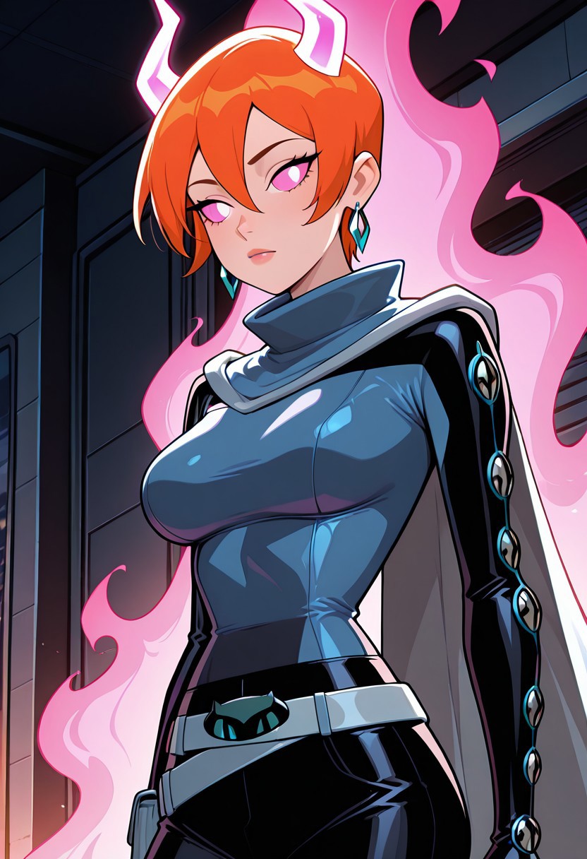 ((screencap, cartoon)) , masterpiece, best quality, amazing quality, very aesthetic, absurdres, newest,
gwenfut, 1girl,, solo,  breasts, jewelry, earrings, bodysuit, cape, , belt, long sleeves, scarf, 
hair between eyes, orange hair, 
no pupils, glowing pink sclera, demon horns, pink horns, translucent horns, pink powers, pink fire,
