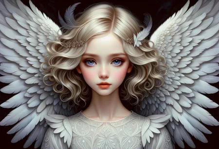 hyper detailed beautiful angel, coherent delicate face, wavy luxurious hair, intricate feathery wings, on black velvet canvas, centered composition, rule of thirds, drop shadowed, art by gorjuss, tim burton, margaret keane, charlie bowater, tom wood, keith garvey