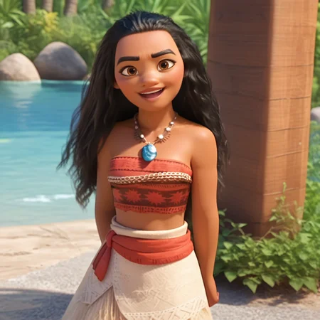 score_9, score_8_up, score_7_up, score_6_up, score_5_up, score_4_up, realistic, <lora:Moana-000005:0.8>, moana1, 1girl, long hair, brown eyes, necklace, dark-skinned female, thick eyebrows, black hair, curly hair, bare shoulders, midriff, strapless, tube top, tribal, long skirt, BREAK looking at viewer, arms behind back, light smile, open mouth,