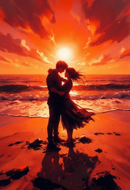 A captivating digital painting of a romantic couple silhouetted on a beach, standing close together near the center of the foreground as the warm glow of a red-orange sunset envelops the scene. The man and woman are embracing tenderly, their forms outlined against the radiant horizon, while their elongated shadows cast on the textured sandy beach subtly converge to form the shape of a heart, adding a symbolic and emotional layer to the composition. The vast ocean stretches out to meet the glowing sky, its gentle waves shimmering with fiery reflections that enhance the atmosphere of intimacy and serenity. The high contrast between the dark silhouettes and the luminous background heightens the emotional depth, while the open expanse of sea and sky evokes a sense of infinite love and tranquility. Romantic realism, warm monochrome, serene atmosphere. Special Ink-drawing mode, animeniji, Mh1$AgThS2, 2D flat anime, cartoon-style, intricate linework with expressive contrasts, soft lighting with dynamic highlights, WLOP