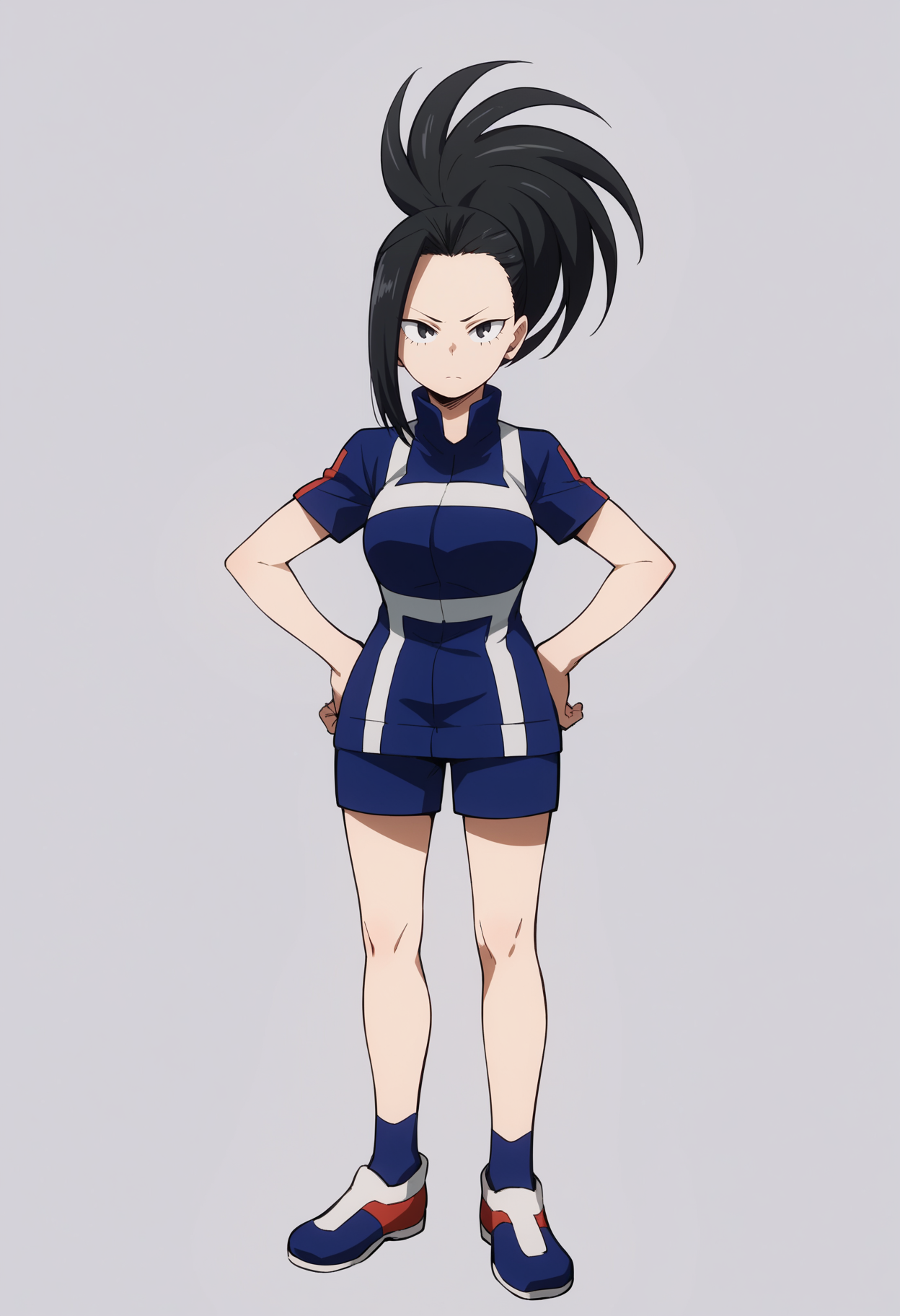 score_9, score_8_up, score_7_up, score_6_up, score_5_up, score_4_up, BREAK
yaoyorozumomo, 1girl, black eyes, black hair, ponytail, long hair, hair pulled back,
short sleeves, training outfit, 
hands on hips, full body, standing,  solo, looking at viewer, simple background , white background  <lora:MomoYaoyorozuXL:1>