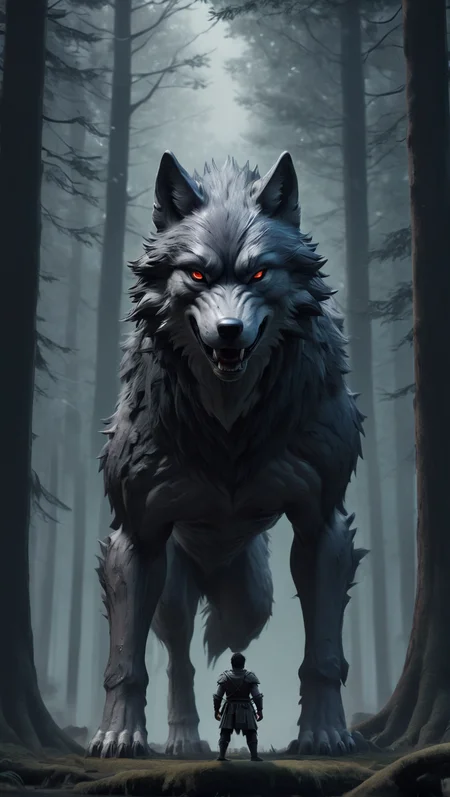 Giant Wolf General,Tiny Human Warrior,Male Focus,Full Body,Standing,Dark,Creepy Story:1.15,Dark Forest Background,Huge Trees,Edge Lighting,Anatoto Fendak Style,by Alena Aenami,Fantasy Works,Critical Visuals,Vibrant,Highly Detailed.,<lora:é²å䏿´¾@å
½å½æ¼ä¹XL:1>,XCYP,
