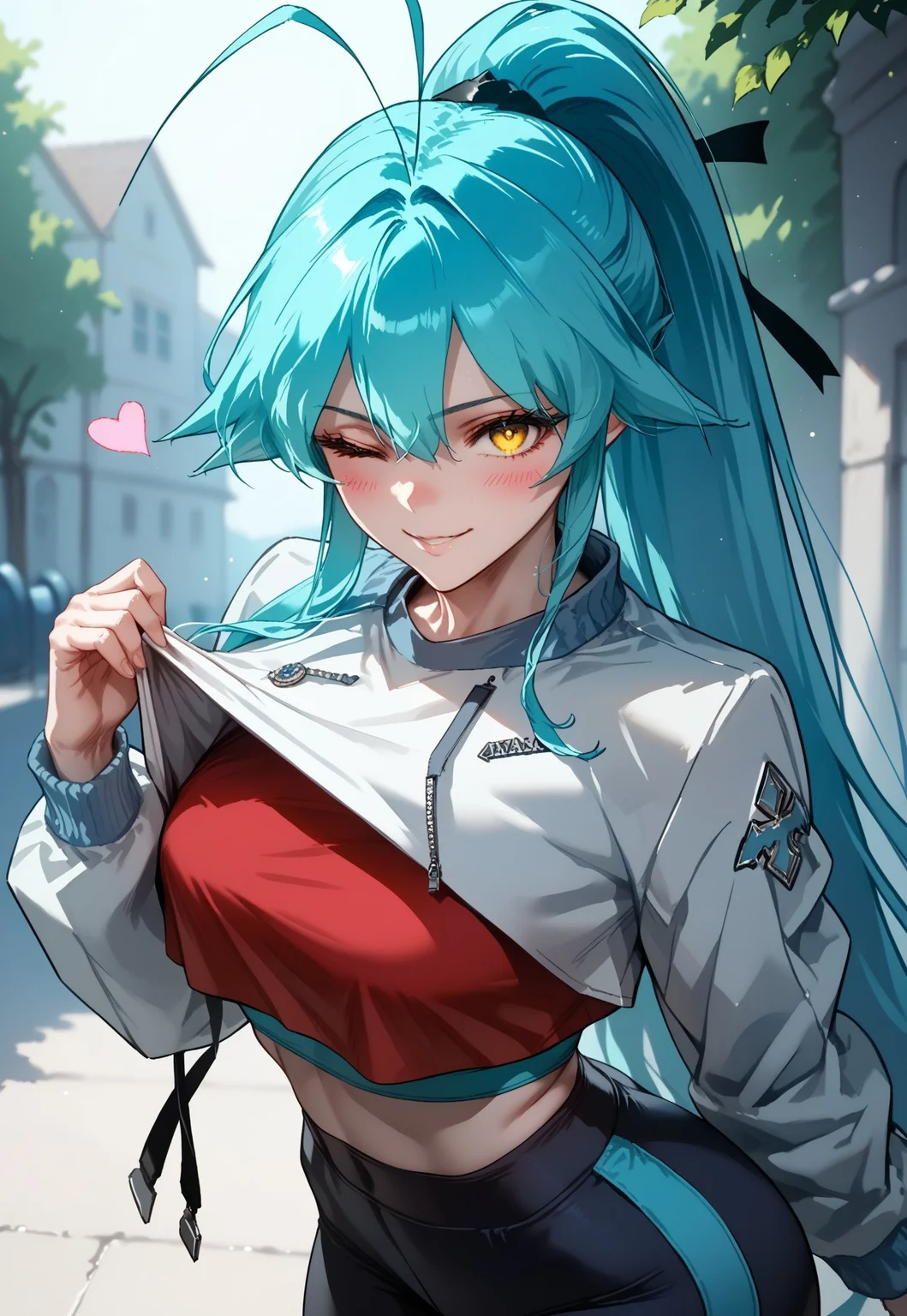 zPDXL3, score_9, score_8_up, score_7_up, source_anime, 1girl, Abel, yellow eyes, blue hair, antenna hair, long hair, sexy body, large breast, looking at viewer, ponytail, white jacket, jacket on shoulders, red shirt, crop top shirt, midriff, yoga pants, winking, heart, near shot, seductive, smile, blushed