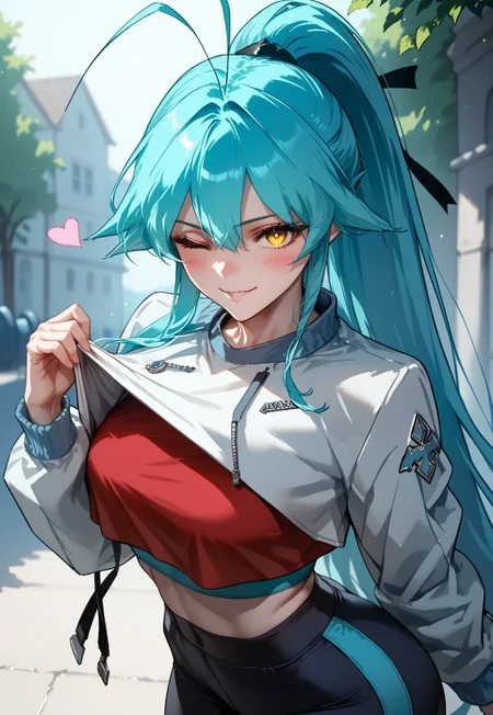 zPDXL3, score_9, score_8_up, score_7_up, source_anime, 1girl, Abel, yellow eyes, blue hair, antenna hair, long hair, sexy body, large breast, looking at viewer, ponytail, white jacket, jacket on shoulders, red shirt, crop top shirt, midriff, yoga pants, winking, heart, near shot, seductive, smile, blushed