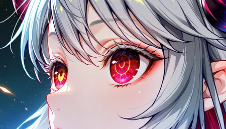 masterpiece, best quality, amazing quality, very aesthetic, absurdres, newest, (scenery, volumetric lighting), eye_focus, KRGremory, 1girl, full face,portrait, solo, horns, thighhighs, pointy ears, wide sleeves, grey hair, long hair, close-up, ringed anime eyes, deep red and yellow, ultra-detailed, soft shimmer, gradient color transition, surreal dreamy gaze, hyper-realistic lighting, long delicate eyelashes, ethereal glow, soft bokeh background, demon magic, fantasy aesthetic, anime digital painting, soft brush textures, ultra-high resolution ,masterpiece, best quality, amazing quality, very aesthetic, absurdres, newest, (scenery, volumetric lighting),
