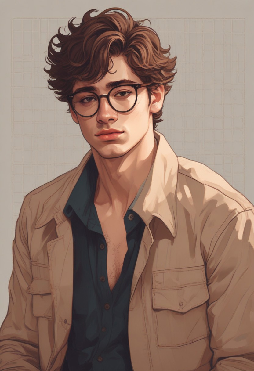 masterpiece, best quality, amazing quality, very aesthetic, flat colors,
1guy, male, masculine, adult, 20s, glasses, shadow, light, coffee colored hair, blushing, curly fringe, round glasses, fluffy hair, hazel eyes, light coffee brown hair, short hair, masculine style,