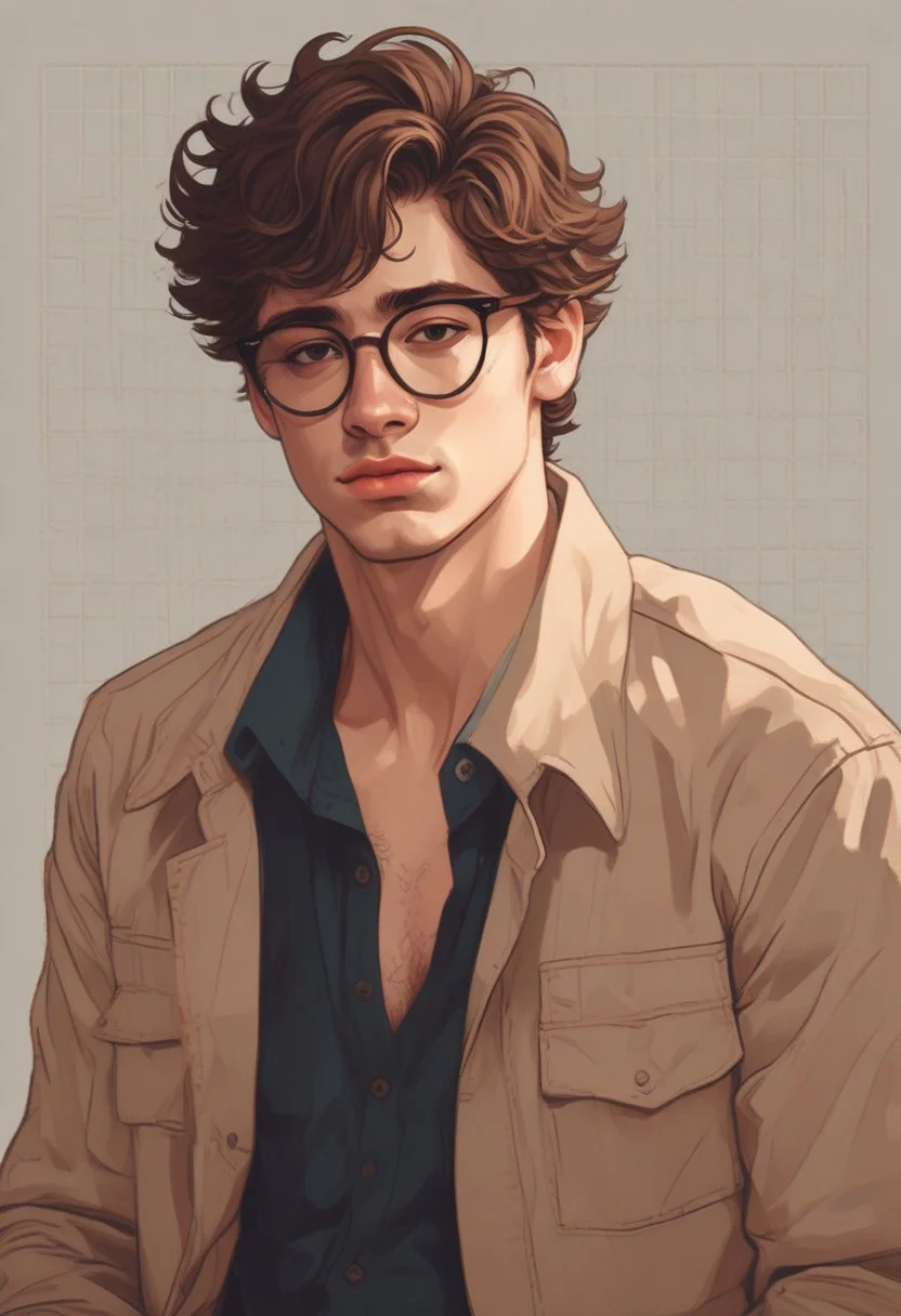 masterpiece, best quality, amazing quality, very aesthetic, flat colors,
1guy, male, masculine, adult, 20s, glasses, shadow, light, coffee colored hair, blushing, curly fringe, round glasses, fluffy hair, hazel eyes, light coffee brown hair, short hair, masculine style,