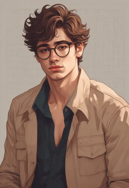masterpiece, best quality, amazing quality, very aesthetic, flat colors,
1guy, male, masculine, adult, 20s, glasses, shadow, light, coffee colored hair, blushing, curly fringe, round glasses, fluffy hair, hazel eyes, light coffee brown hair, short hair, masculine style,