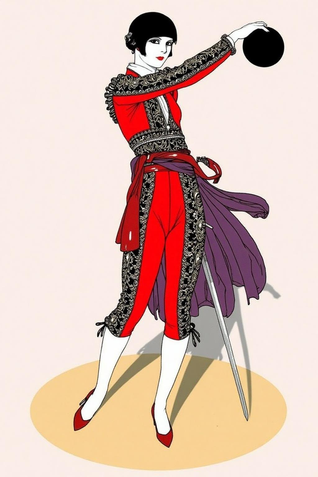 ernestogarciacabral1 illustration. 
A woman in a red bullfighting costume with black and white patterns holds a black hat in her raised hand and a long sword vertically in the other. She stands on a circular platform with a shadow beneath her. <lora:ernestogarciacabral1_cap_d6a3:1.0><lora:849836486114190526:0>