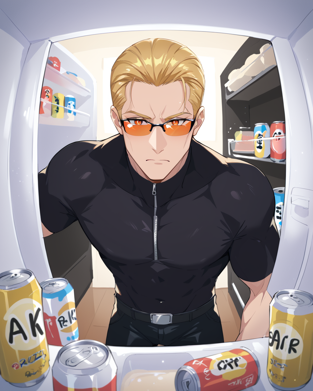 PonyScores7, source_anime, ah1, BREAK <lora:albertwesker-guy-PONYv1:0.8> albertwesker, albert wesker, 1boy, blonde, black gloves, (sunglasses:1.3), belt, black coat, black pants, looking at viewer, toned, athletic, fit, slicked back hair, black turtleneck, zipper, mature male, short hair, black boots, (<lora:View_from_inside_the_freezer:1>, perspective, fisheye angle (View from inside the refrigerator:1.2), solo, room, (colorful beer can:1.3) and milk in refrigerator, looking down), (focused, intense glare), (reddish orange eyes, slit pupils), (angular face, sharp_featured face), handsome, charming, alluring, BREAK <lora:xl_more_art-full_v1:0.2>, <lora:shinyskin2:0.2> glistening skin, <lora:aesthetic_anime_v1s:0.2>, <lora:Expressive_H:0.2> Expressiveh, <lora:hairdetailpxl:0.2> hairdetailpxl, <lora:EpicF4nta5yXL:0.2>, <lora:detailxl:0.2> detailxl, <lora:Fant5yP0ny:0.2>, best quality, amazing quality, best aesthetic, absurdres, <lora:expressive eyes:0.2> expressive eyes, <lora:eyedetailpxl:0.2> eyedetailpxl, illustration, Volumetric_Lighting, ultra-detailed, very aesthetic, intricate details, 8k, masterpiece, best_quality, BREAK <lora:Eyes_High_Definition:0.3> EyesHD, Stable_Yogis_PDXL_Positives, AS-Adult, <lora:Complicated fantasy portrait - XL Pony V2.0:0.4>, bad-hands-5, AS-MidAged,