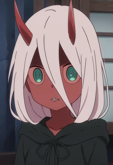 score_9, score_8_up, score_7_up, source_anime, anime screencap, anime coloring, <lora:add-detail-xl:3>,
BREAK
<lora:zero_two:0.8>  zt, green eyes, pink hair, long hair, hair between eyes, colored skin, red skin, oni horns, hooded robe, black robe,
BREAK
solo, indoors, standing,
parted lips, looking at viewer, sharp teeth,