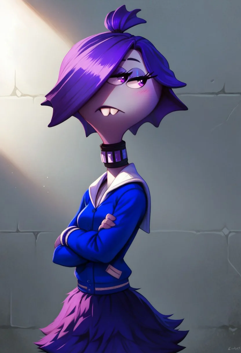score_9, 1girl, solo, clairew, monster girl, purple eyes, 3 eyes, grey skin, buck teeth, purple hair, hair covering one eye, half-closed eyes, blue jacket, letterman jacket, purple skirt, looking to the side, crossed arms, cowboy shot.