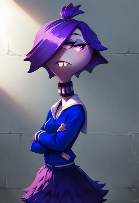 score_9, 1girl, solo, clairew, monster girl, purple eyes, 3 eyes, grey skin, buck teeth, purple hair, hair covering one eye, half-closed eyes, blue jacket, letterman jacket, purple skirt, looking to the side, crossed arms, cowboy shot.