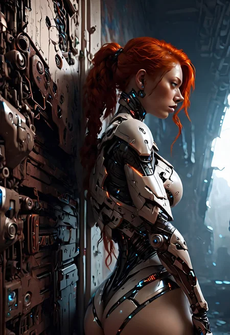 insanely detailed, masterpiece, best quality, 8k, ultra high res, High contrast and low saturation, cpunk, IBG, 4ng3l face
1girl, redhead, big breast, ultra detailed body, seductive, cyborg body, leaning on wall, resting, sci fi background, <lora:EpicF4nta5yXL:0.8>