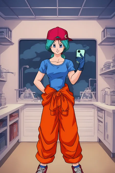 source_anime, score_9, score_8_up, score_7_up, anime screencap, high quality, 8k, absurdres, official style,
bulma, future saga, long hair, low ponytail, blue eyes, aqua hair
backwards hat, baseball cap, red headwear, short sleeves, blue gloves, print sleeves, belt, ((red jumpsuit around waist)), blue shirt,
indoors, laboratory, from above, selfie, smile, teeth, red theme, caustics,
<lora:bulmaDBZ_pony_v2:0.8>