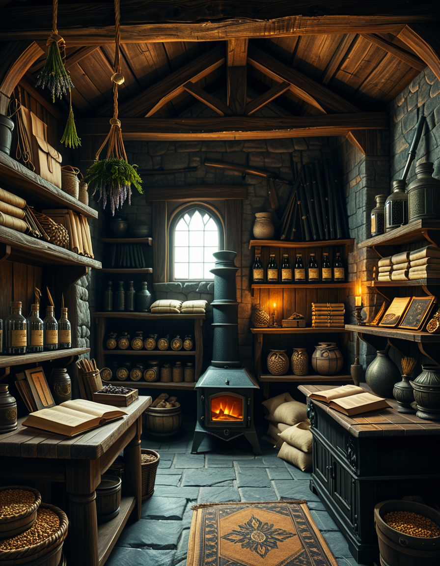 A highly detailed, realistic photograph of a medieval-style general store inspired by Skyrim, captured in soft, natural lighting. The interior features wooden beams and stone walls, aged and weathered, with shelves overflowing with various items: leather-bound books, glass potion bottles glowing faintly in green and blue hues, sacks of grains, and woven baskets filled with herbs. In the corner, a rustic fireplace crackles gently, casting warm, golden light across the room. Weapons like iron swords and steel daggers hang neatly on a wooden rack behind the counter, while a fur rug covers part of the worn wooden floor. On the wooden counter lies a small pile of gold coins beside an old ledger, with a candle burning low. The window shows a misty, pine-filled landscape outside, with soft daylight filtering through. The atmosphere feels cozy, immersive, and authentically Nordic, with rich textures, muted earthy colors, and a slightly cinematic fantasy style. No people are present, only the quiet ambiance of a world at rest.
<lora:SDXLFaeTastic2400:0.4> <lora:extremely_detailed:0.4> extremely detailed,<lora:skyrim_general_st0r3:1>,skyrim general st0r3, Masterpiece,best quality,hi res,8k,hi res,8k,award winning,(sharp focus, intricate, highly detailed),
