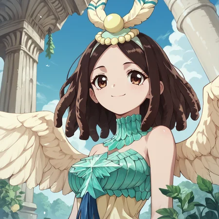 <lora:SlimesAmaryllis:1>, score_9, score_8_up, score_7_up, slimes_amaryllis, brown hair, brown eyes, angel wings, smiling, temple background