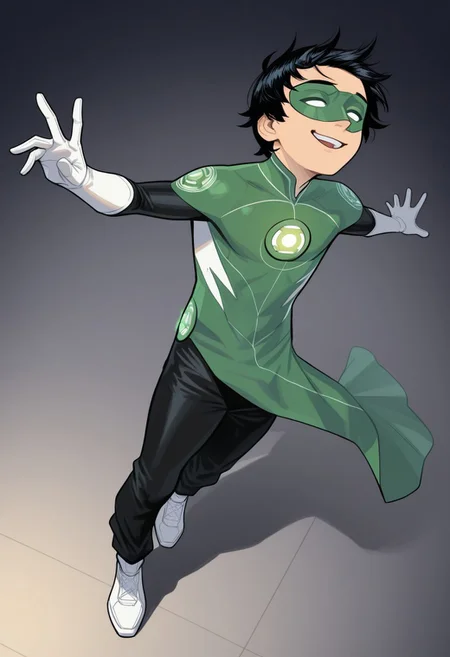 masterpiece, absurdres, high quality, perfect anatomy, 1boy, solo, cute boy, male focus, TaiPham, Black Hair, Green Lantern Ring, Green Lantern Costume, Green and Black Bodysuit, Green Domino Mask, White Eyes, White Gloves, Pelvic Curtain, Black Pants, White Shoes, big smile, cinematic, intricately detailed illustration, depth of field, masterpiece, best quality, amazing quality, very aesthetic, absurdres, newest, very awa, shadow, dynamic angle, casual cosplay, dynamic pose,