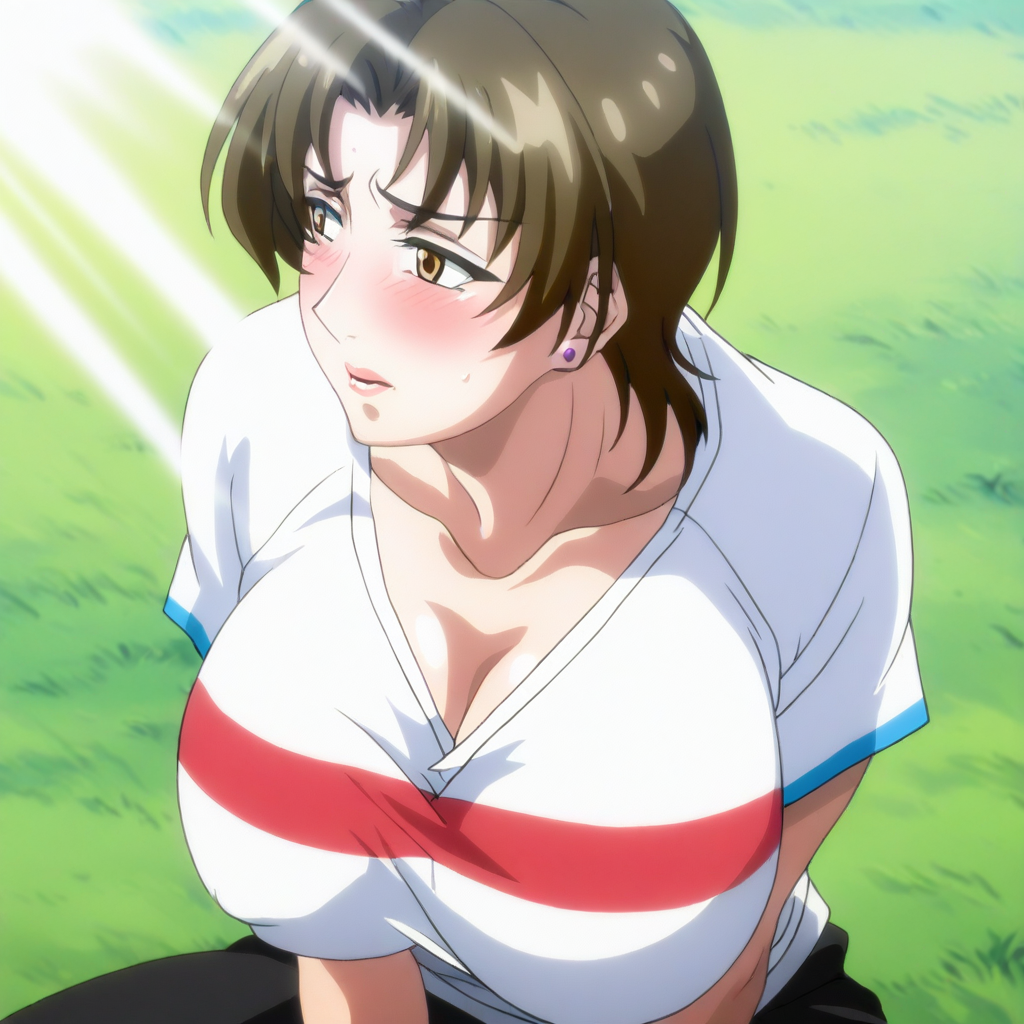 (1KUM1SUN0H4R4:1.4), an anime styled image,1girl, brown hair, short hair,  brown eyes, parted bangs,mature female, huge breasts, stud earrings, solo, cleavage, looking to the side, blushing, embarrassed, t-shirt, black pants, mature female, milf, masterpiece, best quality, good quality, newest, outdoors, grass, sun, sunlight