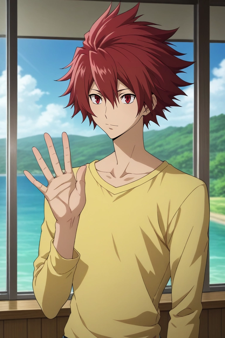 score_9, score_8_up, score_7_up, source_anime, rating_safe, intricate details, (realistic:0.6), , depth of field, 1boy, solo, male focus, <lora:takuto_tsunashi_pony:1>, takuto_tsunashi, red hair, red eyes, spiked hair, bangs, , rule of thirds, lake, indoors, dark, waving, relaxed, , <lora:sdxl_lightning_8step_lora:1>