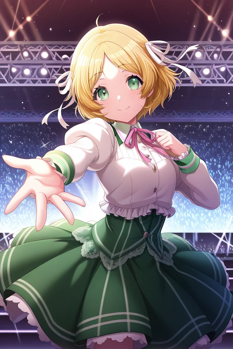 masterpiece, best quality, amazing quality,
<lora:Miiko_IL:1> miiko, 1girl, skirt, green eyes, solo, blonde hair, green skirt, long sleeves, shirt, ribbon, puffy sleeves, white shirt, smile, outstretched arm, short hair, looking at viewer, lights, stage outfit