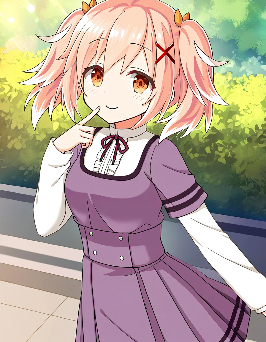 masterpiece, best quality, newest, absurdres, highres, safe, 1girl, fumino sayuki \(school uniform\), magia record: mahou shoujo madoka magica gaiden, white sleeves, solo, smile, looking at viewer, outdoors, dutch angle, <lora:fumino_sayuki_noobaiXLNAIXL_vPred10Version:0.7>