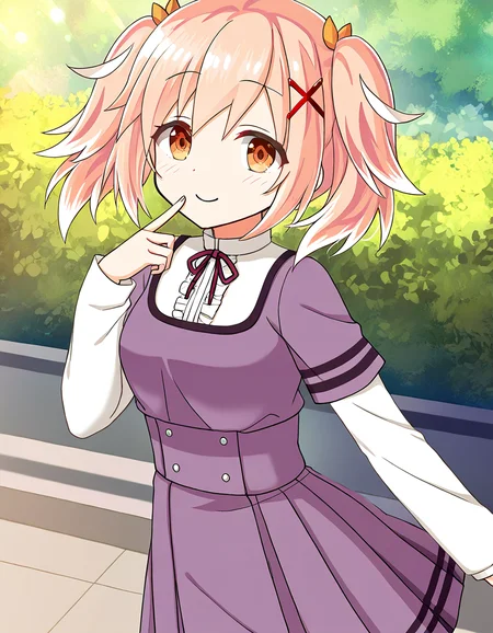 masterpiece, best quality, newest, absurdres, highres, safe, 1girl, fumino sayuki \(school uniform\), magia record: mahou shoujo madoka magica gaiden, white sleeves, solo, smile, looking at viewer, outdoors, dutch angle, <lora:fumino_sayuki_noobaiXLNAIXL_vPred10Version:0.7>