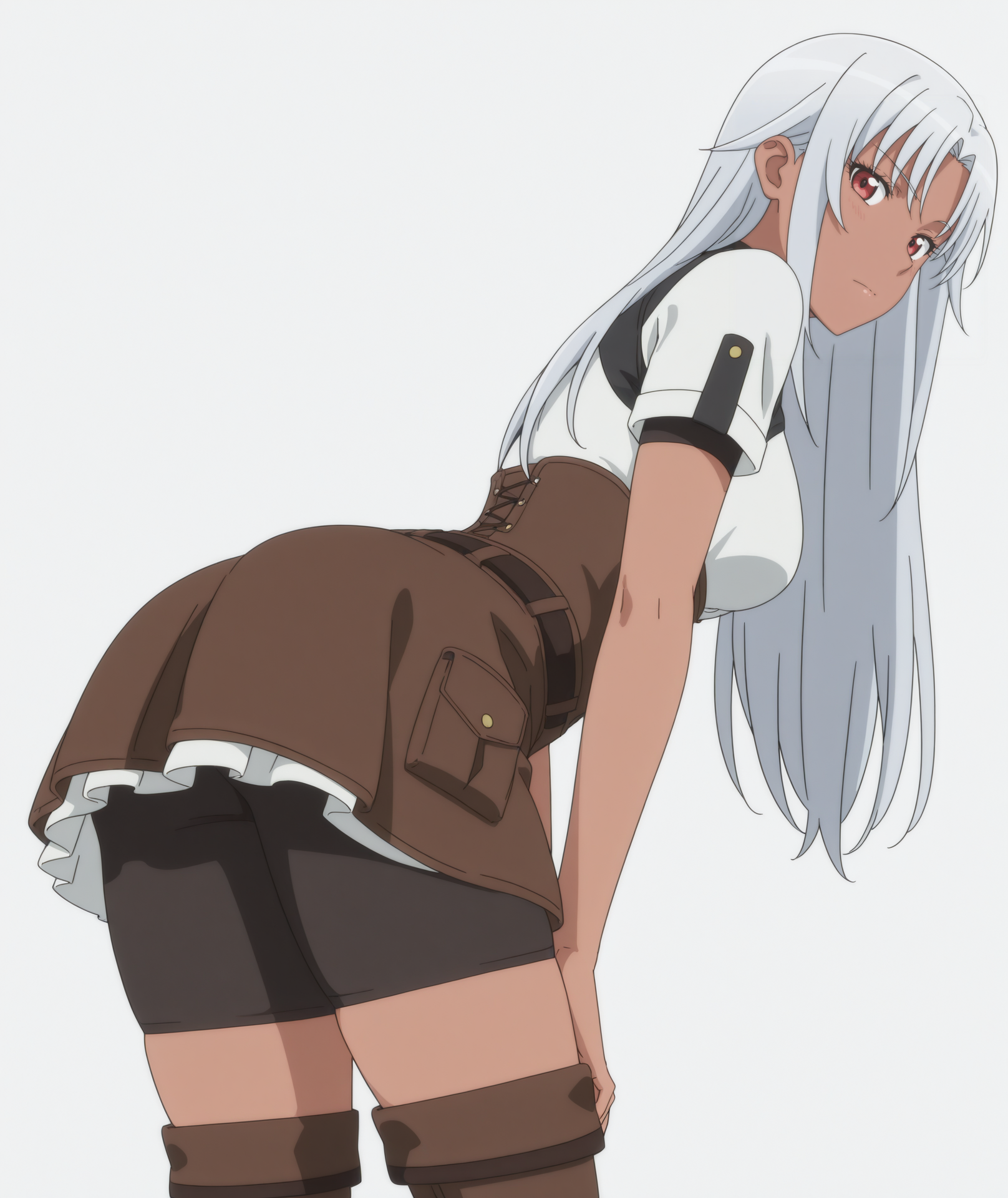 highres, absurdres, hi res, best quality, masterpiece, 2d, intricate details, 4k, anime coloring,
1girl, solo, nose, long hair, red eyes, white hair, grey hair, dark skin, dark-skinned female,
skirt, short sleeves, bike shorts under skirt, bike shorts, corset, brown skirt, shorts,
boots, thigh boots, brown footwear,
upper body, leaning forward, 
white background, <lora:Aqua_(Character)_ILXL:1>