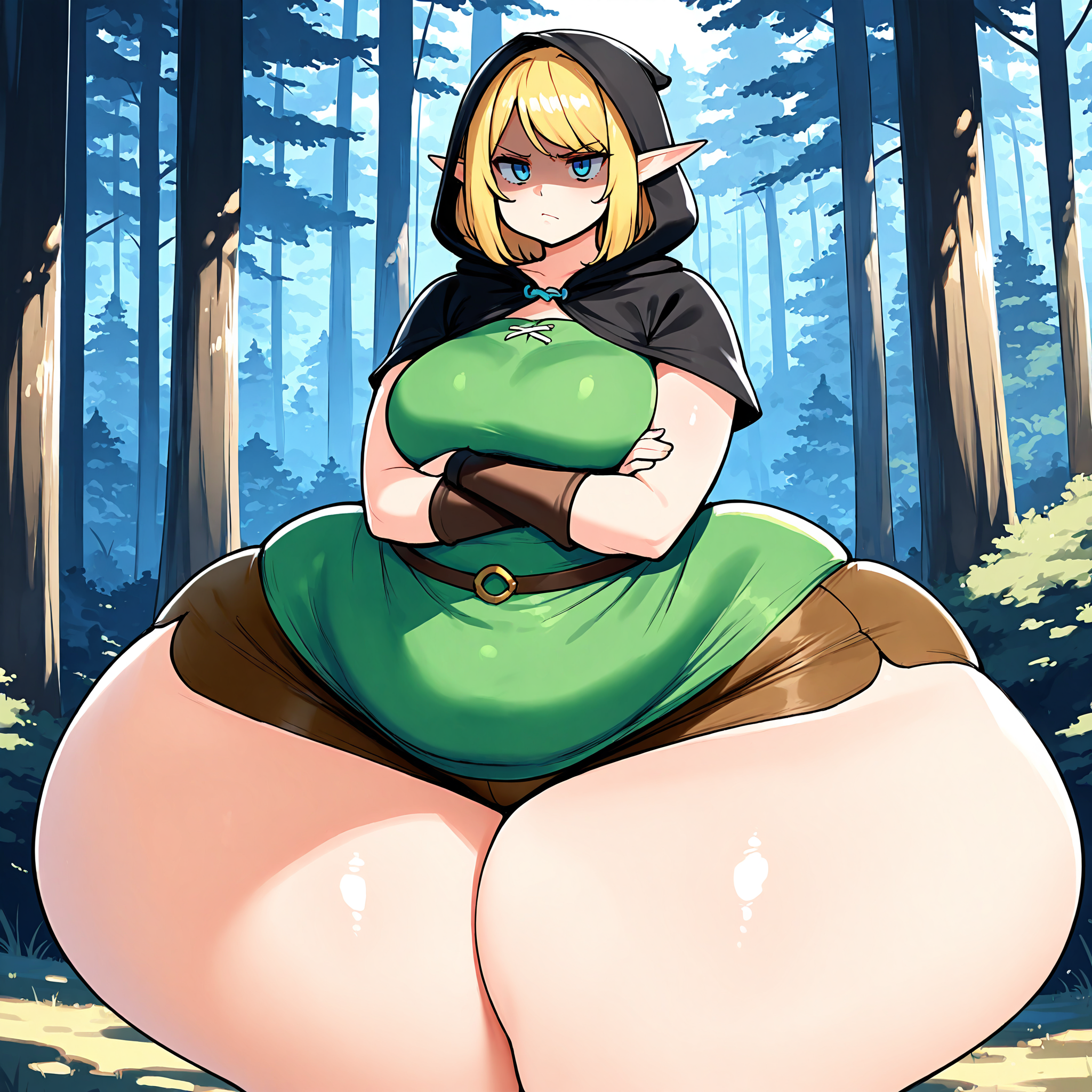 (masterpiece), best quality, (highly detailed), 1female, solo, <lora:Jaykuma_style_Illustrious:0.8>, elf, black hood, hood on, green tunic, blonde hair, blue eyes, bangs, annoyed, hyper hips, brown short shorts, undersized clothes, shaded face, arms crossed, forest, medium breasts,