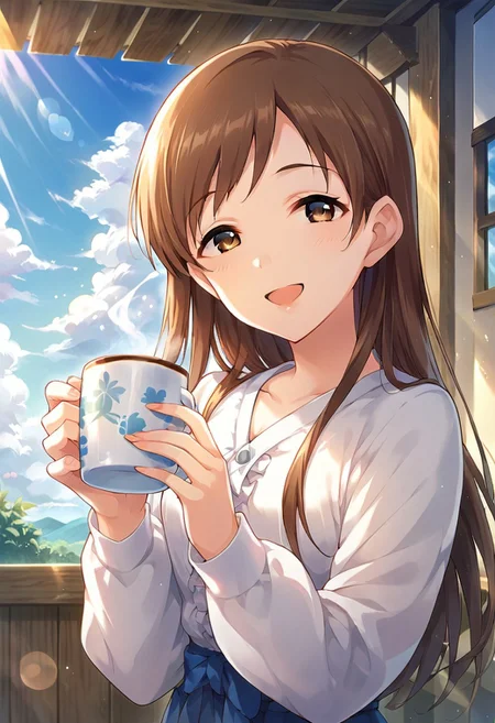 score_9, score_8_up, score_7_up, source_anime,nitta minami, brown hair, brown eyes, long hair, 1girl, solo, cup, smile, sky, mug, looking at viewer, cloud, open mouth, blue sky, holding cup, sunlight