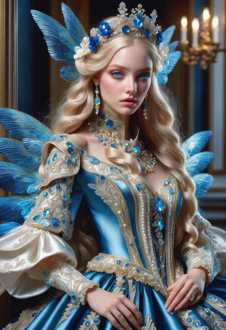 DonMM1yaXL woman, baroque Ball Gowns, Pearl Buttons, Beaded Fringe, Metallic Threadwork Bodices, Pleated Skirt Panels, Muff Hand Warmers,  cerulean, wings,  <lora:myLora\DonMM1y4XL-v1.1-000008:.8> <lora:released\DonM3t3rn1tyXL-v1.1-000008:.8> <lora:SDXL\DetailedEyes_V3> <lora:myLora\DonMDr4g0nXL-rb>