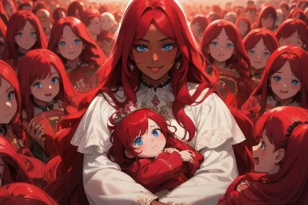 (masterpiece, best quality:1.5), (ultra realistic:1.5), (8k uhd, very high quality:1.5), (extremely detailed face:1.5), (dark skin mother holding her infant girl and surrounded by an endless number of her young children:1.5), (everyone has ruby red hair:1.5), (everyone smiling and happy:1.5), (everyone has bright blue eyes:1.5), (everyone has long ruby red hair:1.5), (the woman is surrounded by endless numbers of her young children that fill the entire background:1.5), (the woman is surrounded by an endless number of her young children that fill the entire background:1.5), (everyone has long ruby red hair:1.5) (city background:1.5)