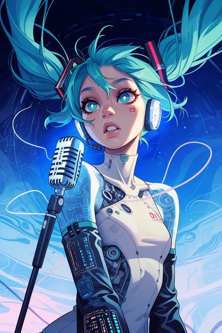 masterpiece, best quality, very aesthetic, (incase:0.4), detailed face, (dynamic:1), stylized, illustration, <lora:Rapscallion_Illustrious:0.3>rapscallionstyle <lora:GTA6 Key Art Style NoobA:0.8>gta6style, <lora:Eop:1>,
1girl, hatsune miku, white pupils, power elements, microphone, vibrant blue color palette, abstract,abstract background, dreamlike atmosphere, delicate linework, wind-swept hair, energy