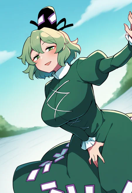 masterpiece, best quality, <lora:age_slider_v4:4>,detailed_background,outdoors,1girl,absurdres,blush,solo,short hair,soga no tojiko,puffy sleeves,green hair,juliet sleeves,highres,long sleeves,looking at viewer,green dress,open mouth,touhou,takana \(forsterite\),dress,green eyes,cross-laced clothes