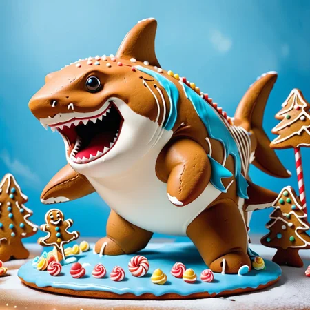 fat chonky shark wants to be friends, facing viewer 
Gingerbread, icing, candy